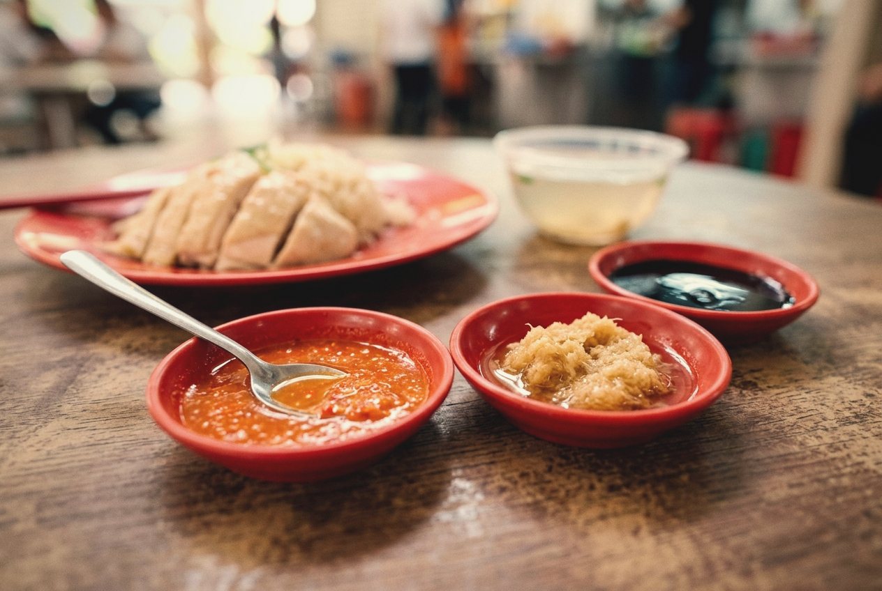Three saucers of chilli, ginger and dark soy beside a plate of chicken rice