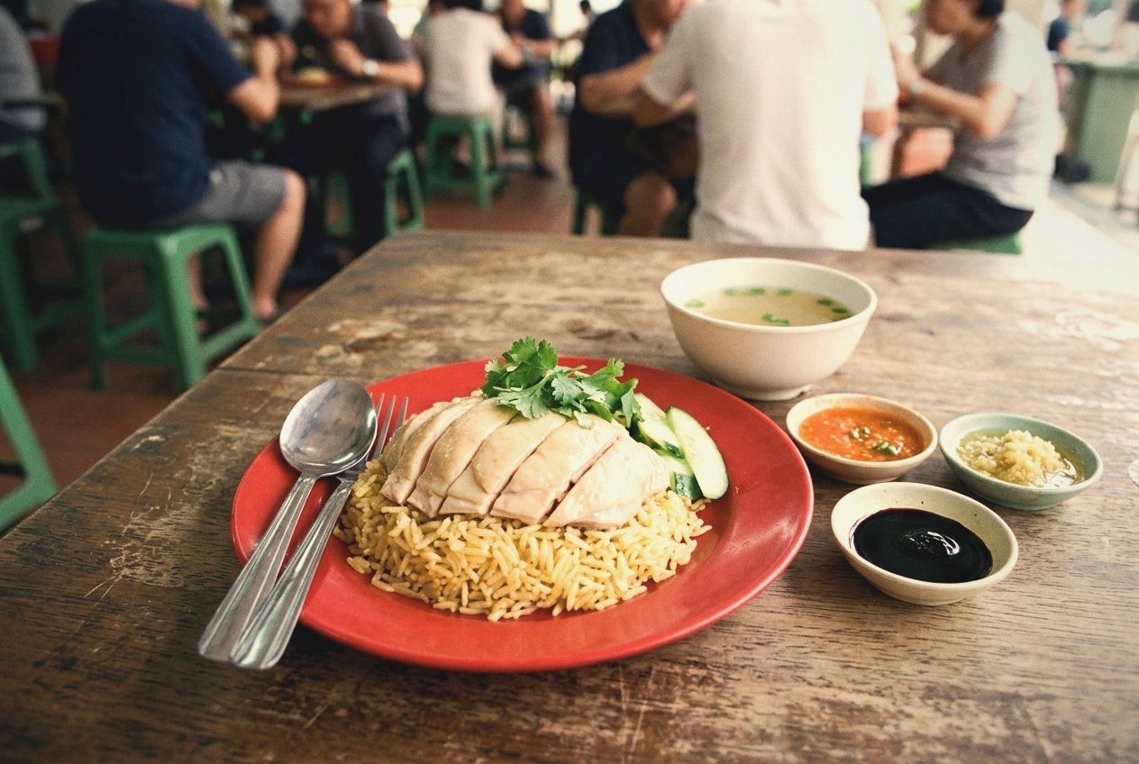 A plate of Hainanese chicken rice with soup and three sauces on a hawker centre table
