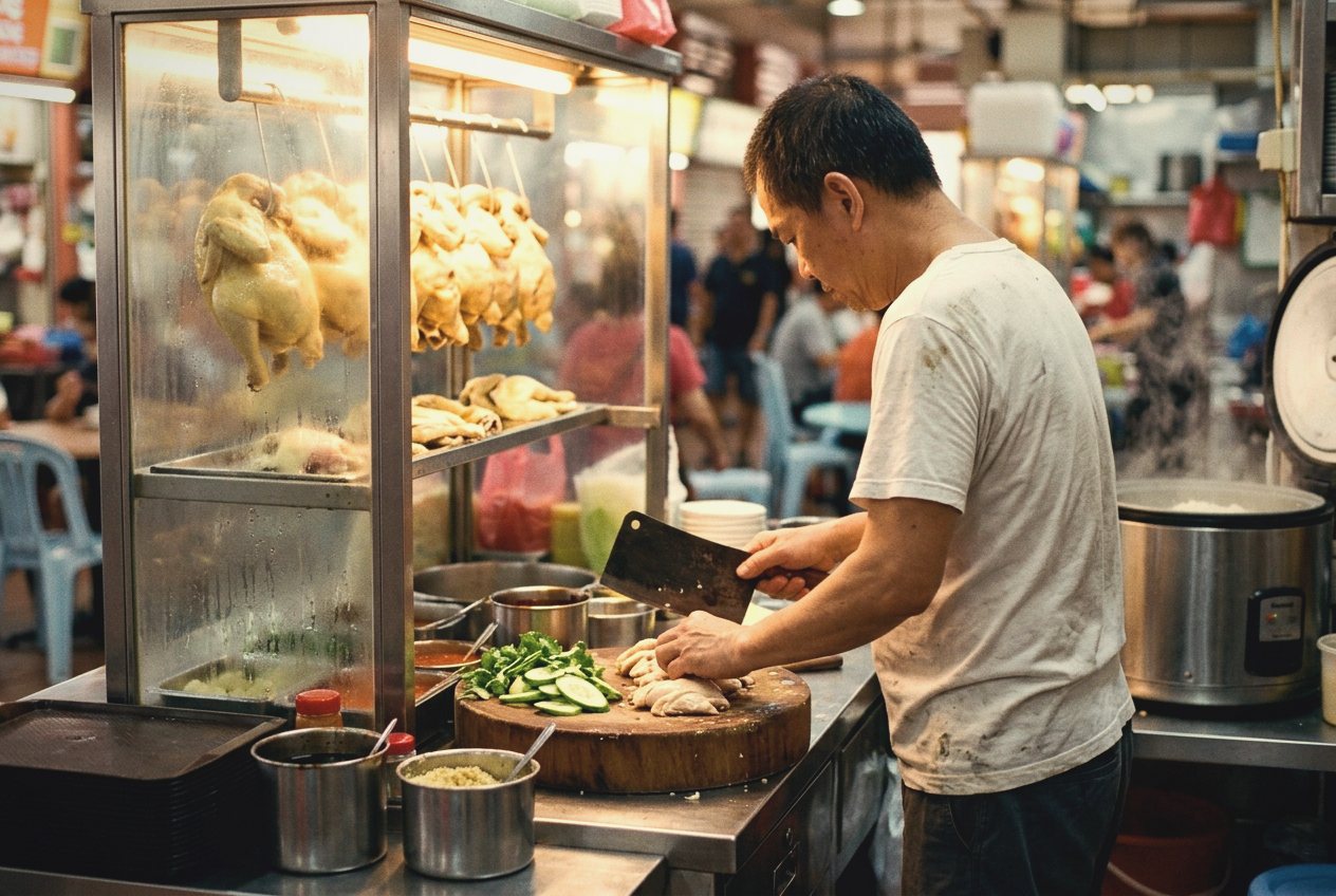 A hawker chopping poached chicken at a chicken rice stall, whole chickens hanging in the display